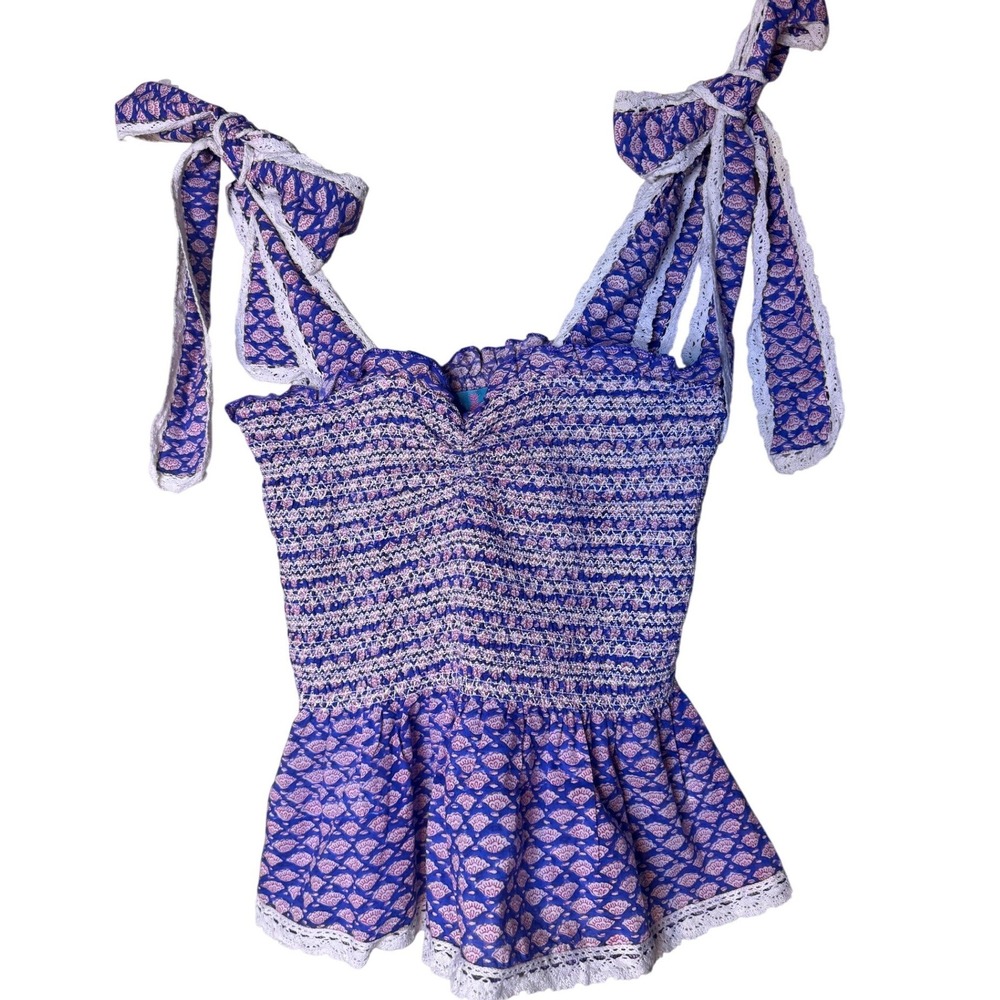 Ella Gray Womens Blue Pink Block Print Smocked Peplum Tie Strap Lace Top Large